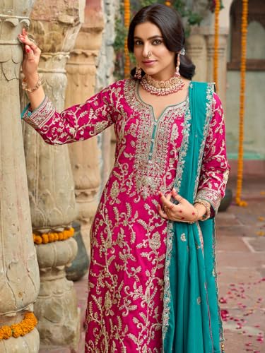 Image of INDO ERA Women's Silk Blend Embroidered Straight Kurta & Pant With Dupatta Set (IEOUT10592)