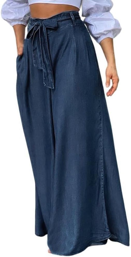 loveimgs Women's Tie Front High Waist Denim Pants Pleated Flowy Wide Leg Jean Pants Trousers with Pockets - Image 2