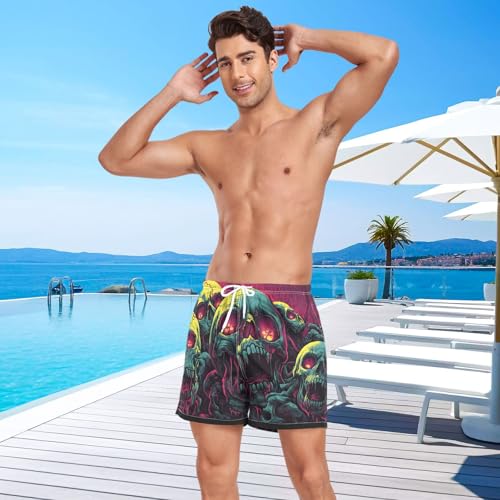 Mens Swim Trunks with Liner, Zombie Skulls Scary Cool Quick Dry Beach Swim Shorts, Swimwear Bathing Suits S4