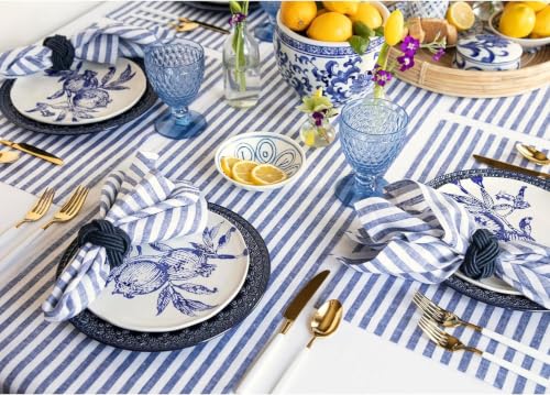 Image of Glus Fabric by The Metre-Mercerised Dyed Cotton for Embroidery-Cross Stitch-Bed Covers-Curtains-Cushion Covers-Table Cloth-Chair Upholstery-Sofa Cover (Blue Stripe, 100 cm X144 cm)