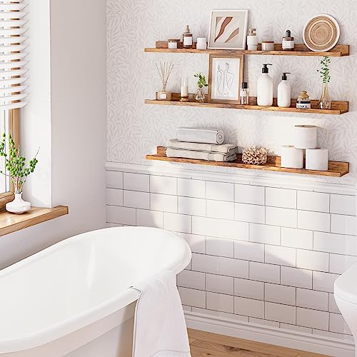 Image of HOOBRO Floating Shelves, Wall Shelf Set of 3, 47.2 Inches Hanging Shelf with Raised Edge and Invisible Brackets, for Bathroom, Bedroom, Kitchen, Office, Living Room Decor, Rustic Brown BF92BJ01