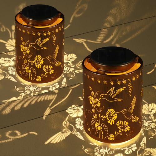 Image of 2 Pack Solar Lanterns Outdoor Waterproof Garden Decor Birthday Gifts for Women Mon Grandma Metal Hanging Solar Lights Decoration for Outside LED Lanterns for Yard Patio(Hummingbirds)