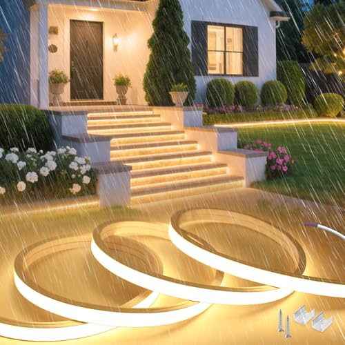 SUCIKORIO 10m Neon Ruban LED Exterieur 220V Sans Transformateur, Silicone Néon Bandeau Led Etanche Ignifuger IP65 Bande LEDs Sans Fil Flexible Blanc Chaud 3000K Découpable Pour Cuisine, Chambre