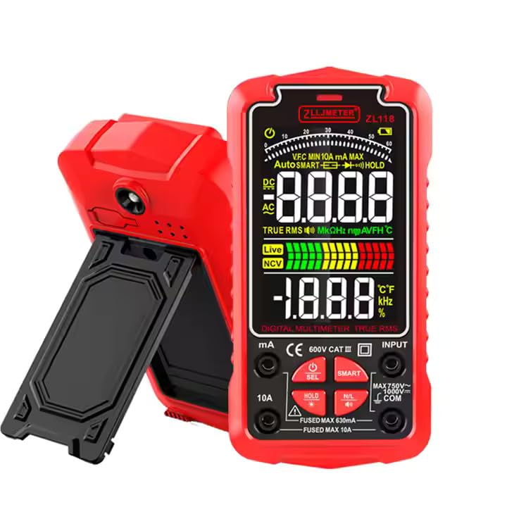 Back view of the ZLLJMETER ZL118 multimeter showing the Type-C USB charging port with a cable connected.
