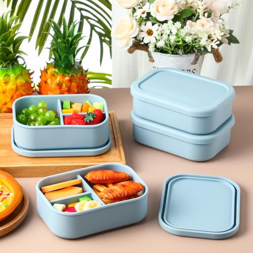 Image of Honeydak 4 Pcs Silicone Bento Box, 3 Compartment Lunch Food Container for Women Men, Leak Proof Microwave Easy to Clean Dishwasher Freezer Safe (Blue)