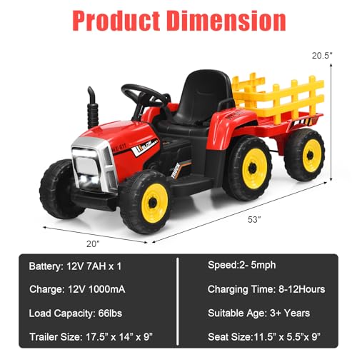 Image of Costzon Ride on Tractor with Detachable Trailer, Kids' Electric Vehicles w /3-Gear-Shift Ground Loader, Wireless Design & USB, 7 LED Headlights, Remote Control Tractor Toy for Kids 3+ (12V, Red)
