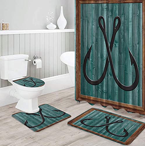 ZDDWLDL 4Pcs Duschvorhänge Set Mit Rutschfesten Teppichen,Toilettendeckel und Badematte Grünbrauner Schwarzer Kreativer…