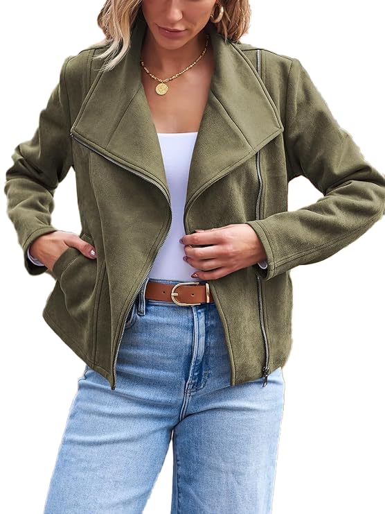 Women's Suede Moto Jacket Long Sleeve Zip Up Open Front Cropped Coat Outerwear with Pockets Y2K Fall Fashion Outfits
