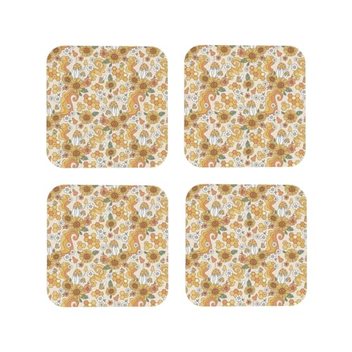 Quadratische Leder-Untersetzer, 4 Stück, leicht, Retro-Design, 70er-/60er-Jahre, Blumen-Untersetzer für Schreibtisch, Verbrühungsschutz, Schreibtisch-Untersetzer für Bürotischdekoration