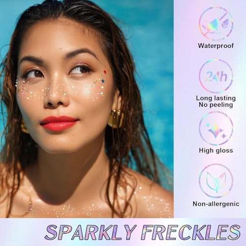 Glitzer Freckles Tattoo Set – 14 Stück Gesichtstattoos mit Gold & Holografischem Glitter,Fake Freckles Aufkleber wasserfest,Festival Tattoos für Erwachsene,Stern Herz Temporäre Tattoo Make-Up Zubehör