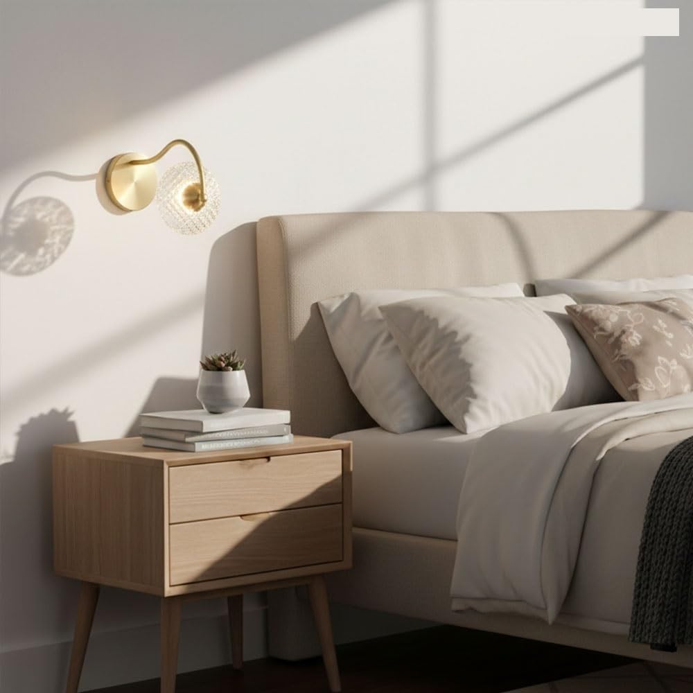 Modern Brass Wall Sconce, Crystal Glass Vanity Lamp, Mid Century LED Gold Wall Light with Reading Accent for Bedroom, Living Room, Hallway, Stairway, Bedside, Entryway Home Parlor