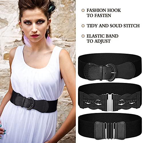 Geyoga 3 Pack Women's Wide Elastic Waist Belt for Dress Black Vintage Stretch Waistband Cinch Belt, 3 Styles, 28.7-37.0 in2