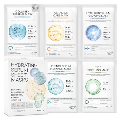 Image of Hydrating Sheet Mask Starter Kit Variety Pack for Dry and Sensitive Skin, Korean Vegan Facial Sheet Mask for Men & Women, Collagen, Cica, Ceramide, Retinol (5-Count)