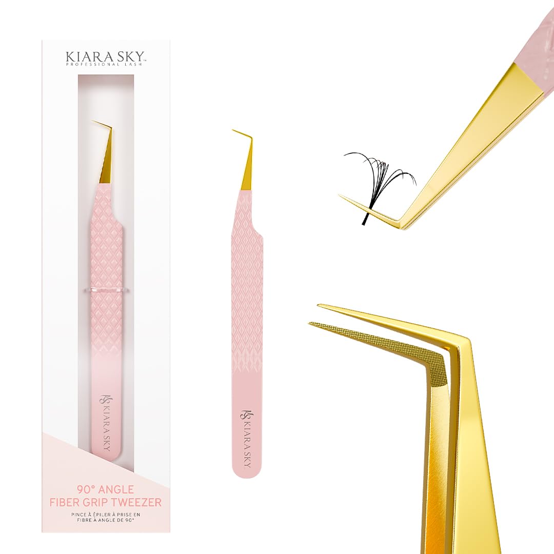 KIARA SKYLASH Tweezer for Eyelash Extensions | Precision Fiber Tip Grip | Volume, Mega Volume, and Lash Removal Fills | Comfortable Ergonomic Design | Pink and Gold, 90° ANGLE FIBER GRIP TWEEZER