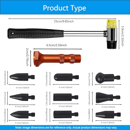 Image of Paintless Dent Repair Kit, Rubber Hammer with Tap Down Pen and 9 Shaped Heads, Dent Removal Tool for Car Body, Appliance Metal Panels, DIY Dent Repair
