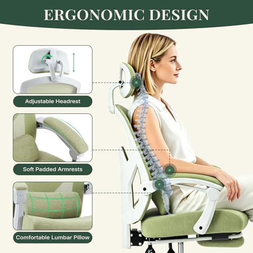 Image of Ergonomic Office Chair with Footrest, High Back Home Desk Computer Chair with Lumbar Support & Headrest, 90-135 Reclining Mesh Back with Wheels for Work, Gaming, Green