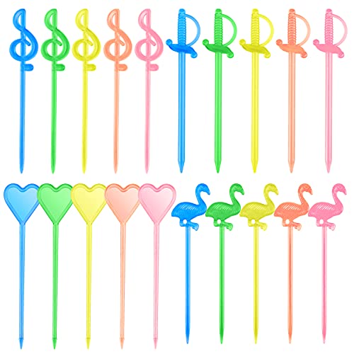 Hysagtek 200 Pcs Cocktail Picks Plastic Fruit Picks Appetizer Picks Drink Picks Flamingo/Heart/Music Note/Sword Shape Picks, Multicolor, 3 Inches