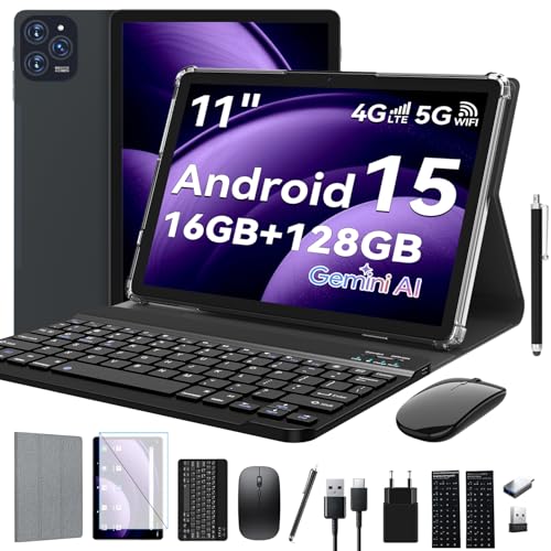 VOZIZOV Tablet 11 Zoll Android 15 mit Tastatur, 4G LTE Tablets Mit 2 SIM 5G WiFi, 16GB+128GB(1TBTF) Octa Core MTK8786, 2 in 1 Tablet PC mit Maus Stift, Grau