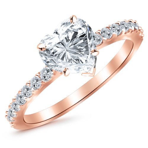14K Rose Gold 1 Carat LAB GROWN IGI CERTIFIED DIAMOND Classic Side Stone Pave Set Heart Cut Diamond Engagement Ring (E-F Color SI1-SI2 Clarity 0.75 Ct Center)