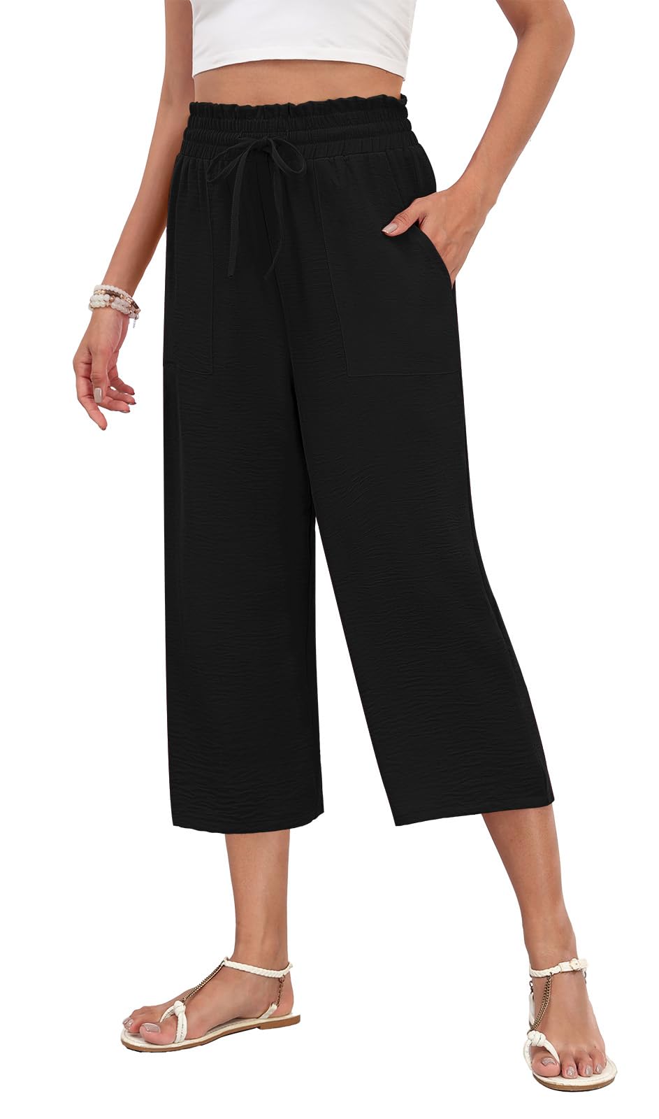 LAOLASI Womens Capri Pants Casual High Waisted Wide Leg Lounge Pants Drawstring Loose Palazzo Pants Trousers with Pockets