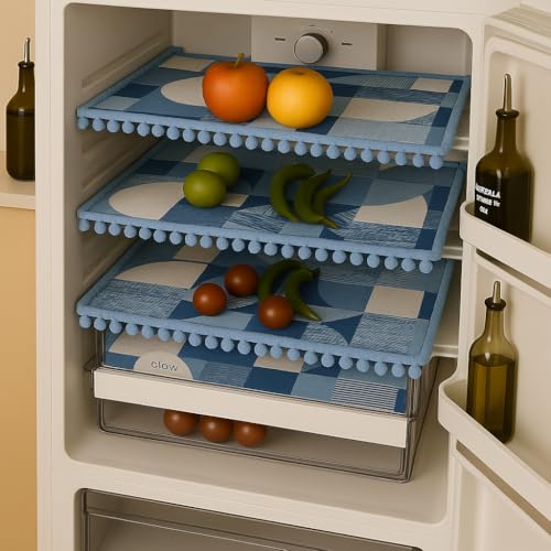 Image of Side-by-Side Door Fridge Shelf Liners Set: Mats for Refrigerator and Freezer Sections - Machine Washable Liners for Glass Shelves, Drawers, and Trays-Refrigerator Accessories, 22Pc(Blue Geometric)