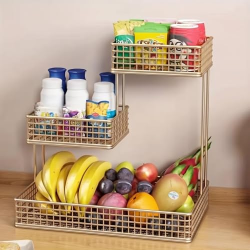 Image of 3 Tier Fruit Basket for Kitchen | Space Saving Decorative Kitchen Organizer | Multi-Layer Dining Table Organizer for Fruits, Snacks & Jars (3 Tier - Silver)