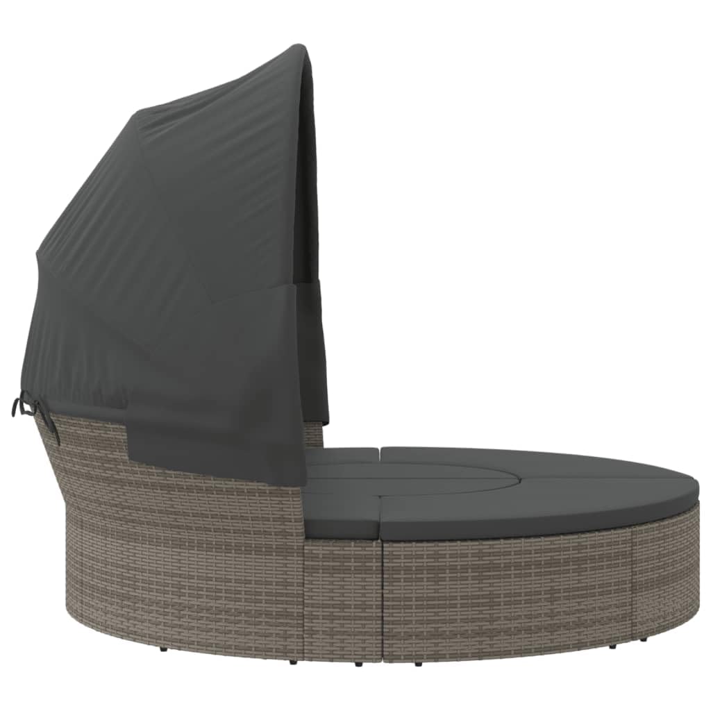 Lettino lounge per esterni con tetto e cuscino, grigio, in polyrattan, isola solare, resistente alle intemperie, con imbottitura e protezione solare, per terrazza, balcone, piscina, isola