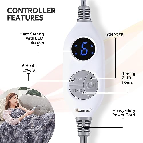 Warmrest Electric Blanket Heated Throw Blanket Soft Flannel, 6 Heat Levels Fast Heating, 1 to 10 Hours Auto-Off Detachable Controller Machine Washable, Grey 130x160cm