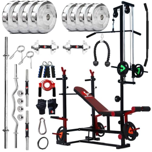 Image of 20-in-1 Home Gym Workout Bench Combo Kit, Adjustable Gym Bench with 30KG Steel Weight Plates, Curl Bar, Straight Bar, Dumbbells, Skipping Rope, Hand Gripper, Gym Gloves - Complete Strength Training Set for Men & Women