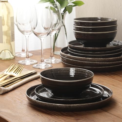 Image of Gibson Elite Eclipse Swirls Plates and Bowls Sets, 12-Piece Stoneware Dinnerware Sets, Reactive Glaze Dish Set - Black