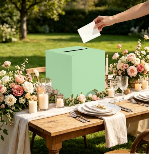 Image of SietDESEO Sage Green Card Box for Graduation Large Gift Card Box Holder 9.8 inch x 9.8 inch Money Cards Box Diy Card Box for Wedding Reception Baby Shower Birthday Cards Box Holder