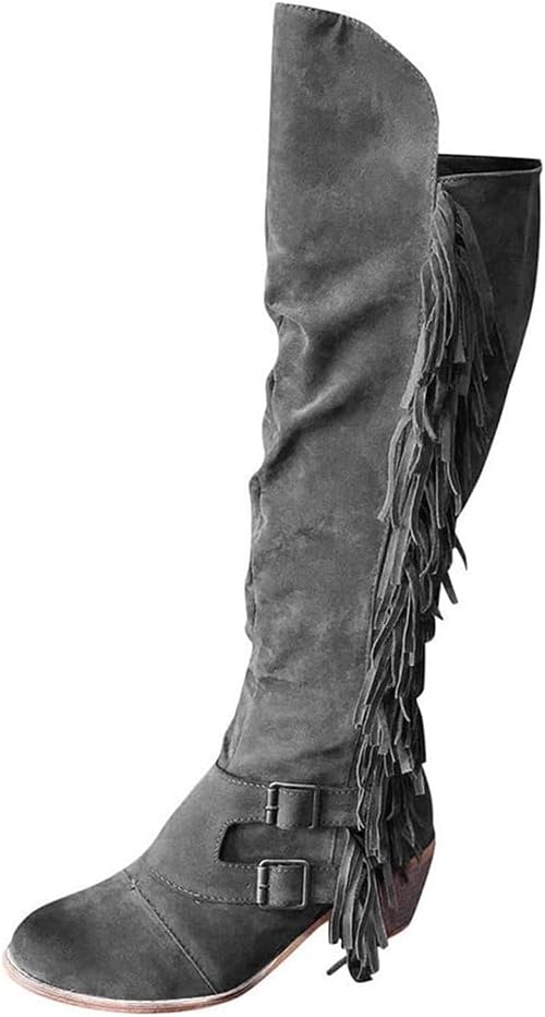 Women's Winter Round Toe Zipper Over The Knee Boots Warm Fringe Knee High Boots Outdoor Retro Chunky Heel Pull On Boot