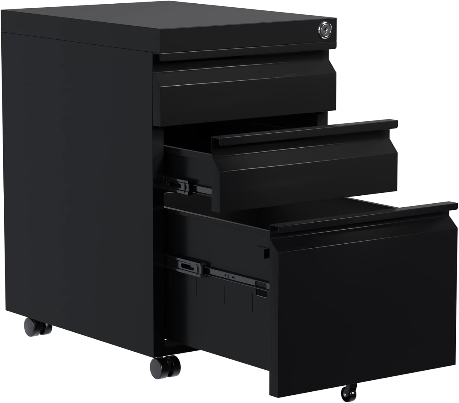 Locking Metal Pedestal Under Desk Metal Filing Cabinet, Black Mobile 3 Drawers File Storage Cabinets with Wheel for Home Office, Legal/Letter Size, Fully Assembled Except Wheels