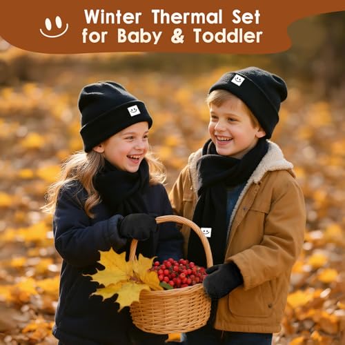 Toddler Baby Beanie Mittens Scarf Set, Knit Warm Winter Hat for Boys Girls Kids Cap Gloves Neck Scarf Fleece Lining2