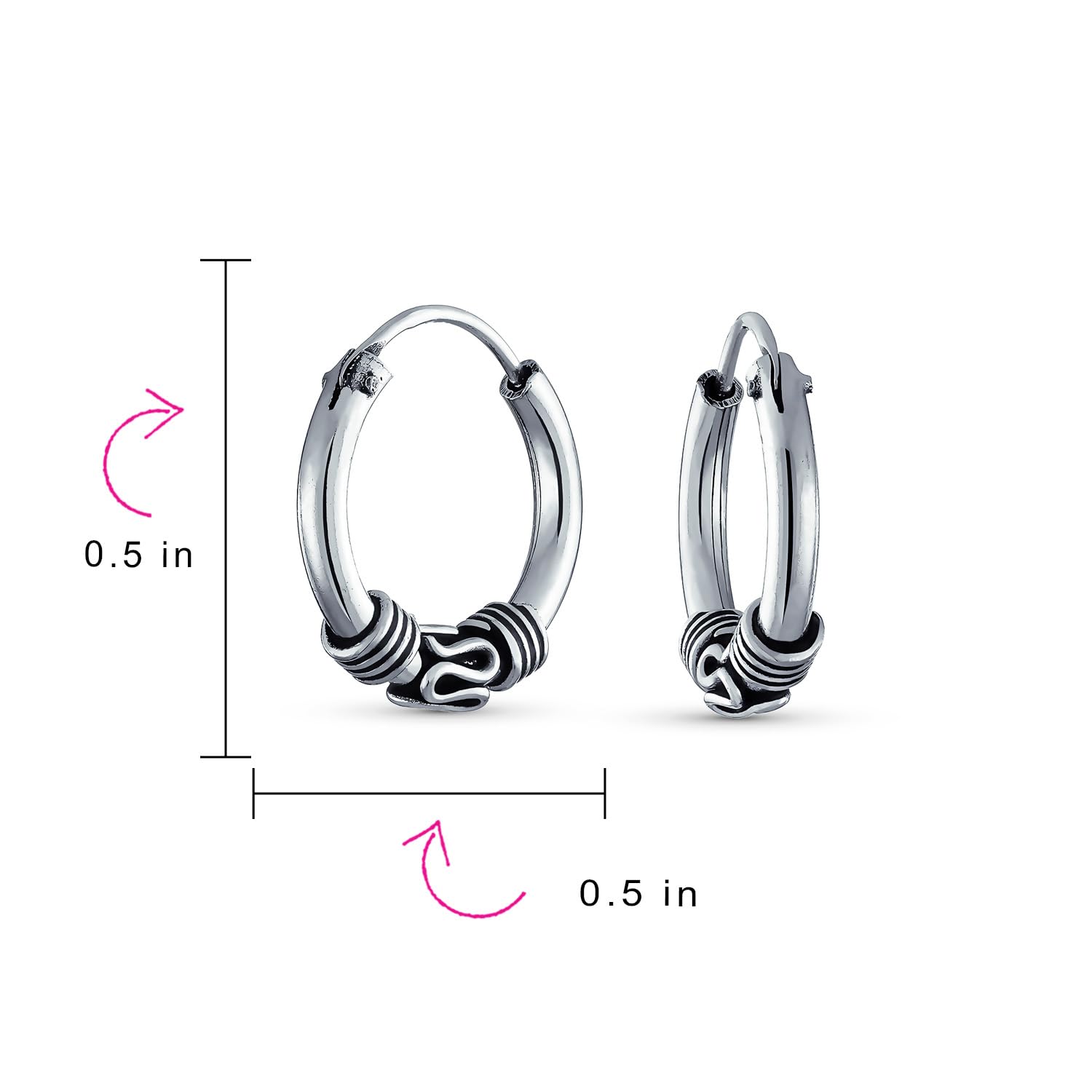 Bali Tribal Swirl Continuous Endless Round Hoop Earrings For Women Oxidized .925 Sterling Silver .50 .75 1 1.25 Inch Diameter