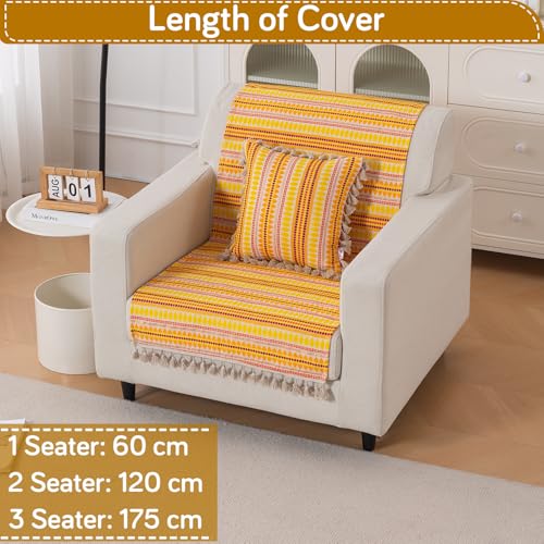 Image of HOKIPO 'Artisan Boho Series' 450 GSM Sofa Cover with Tassels | Multicolor Cotton Acrylic Jacquard Slipcover for 1 Seater Sofa, Size 152x60 cm, Mustard Yellow (IN-907-A1)