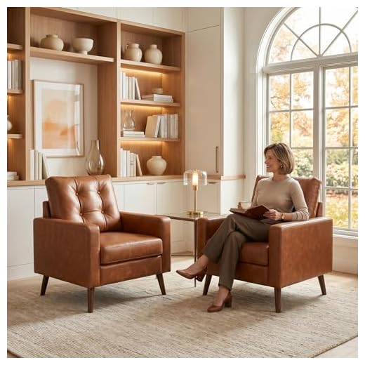 HNY Set of 2 Mid Century Modern Armchair, Button Tufted Faux Leather Accent Chair with Arm, Upholstered Club Chair for Living Room, Bedroom, Rubber Wood Legs, Caramel, 29.1D x 32.3W x 33.1H Inch