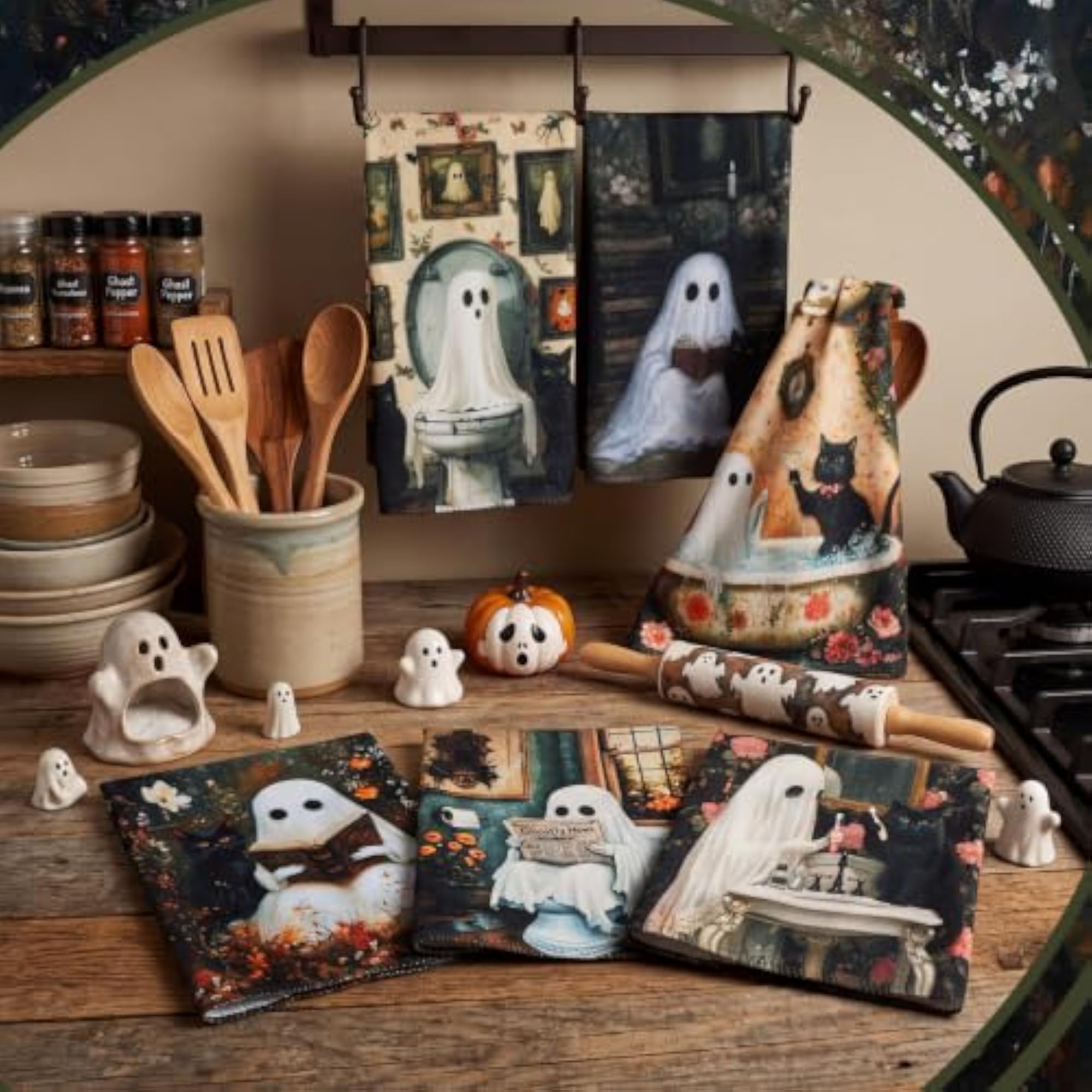 Halloween Ghost Dish Towels, Vintage Black Cat Design