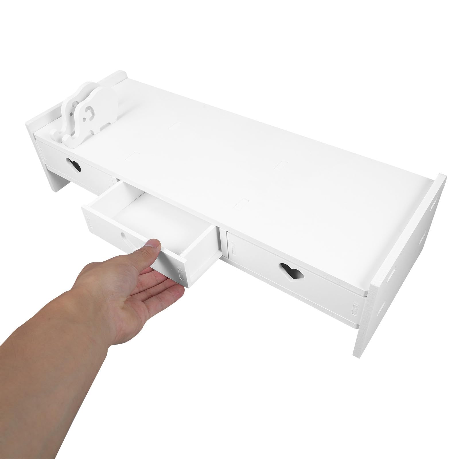 Supporto per Monitor Base Ergonomica e Cassetti da Scrivania, Rialzo in PVC e Legno-Plastica Bianco, Organizer Integrato per Computer, Adatto a Uffici e Smart Working