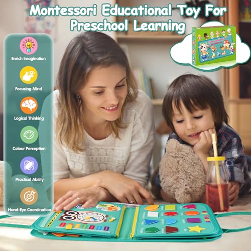 Image of Montessori Busy Board - Sensory Learning Toys for Toddlers 3-6 Years-10 Pages-32 Activities, Airplane Car Travel Educational Toys for Autism, 3 Years Boy Birthday Gift (Cyan)
