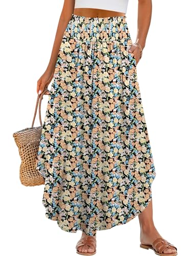 Image of ANRABESS Women's Maxi Skirts Summer Boho Floral High Waisted Flowy Swing Pleated Beach Long Skirt with Pockets