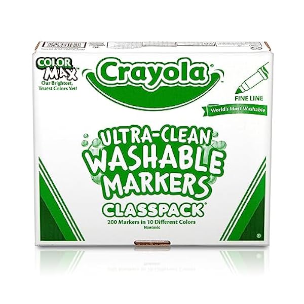 Crayola BIN588211 Ultra-Clean Washable Markers Classpack, Fine Line, 10 Colors, Pack of 200