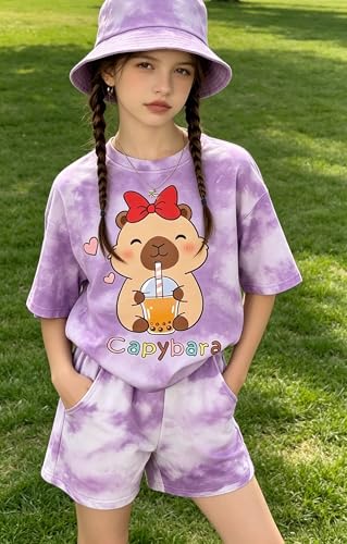 Image of Girls Clothes 2PCS Butterfly Print Short Sleeve T-Shirt + Shorts Set Teen Tween Girls Summer Outfits Set