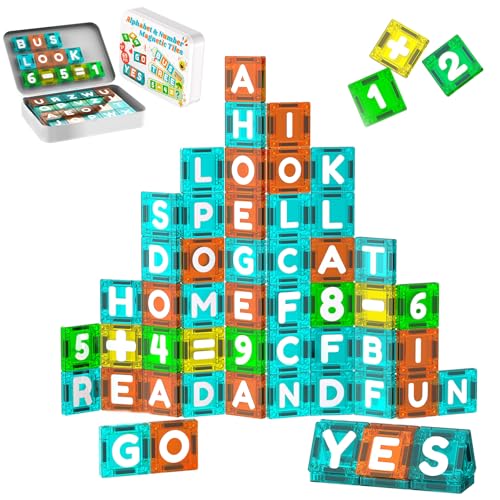 SKTMYY Magnetic Tiles Letters & Numbers 69PCS Mini Travel Magnet Building Blocks Alphabet ABC Learning Toys for Kids Toddlers Montessori STEM Toy for Preschool Classroom Birthday Gifts for Boys Girls