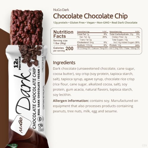 Image of NuGo Dark, Chocolate Chip, 12g Vegan Protein Bar, Gluten Free, 12 Count