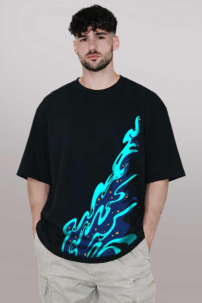 Gagan Oversized T-Shirt, Men's Black Graphic Tee with Blue Cosmic Design-image-21