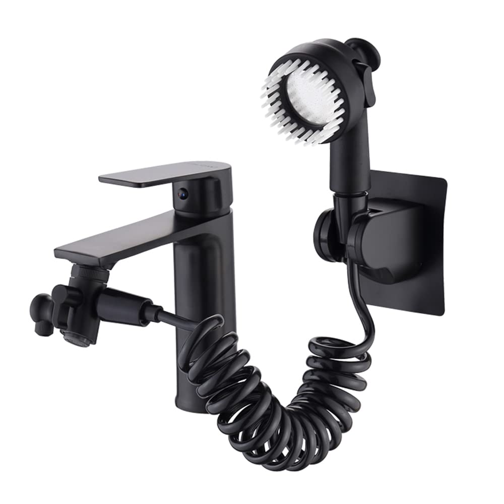 Faucet Sink Hose Sprayer Attachment Bathtub Faucet Shower Spray Head with Diverter Valve Replacement Parts,Massage Adapter for Sink Basin Faucet with Telescopic Hose Adhesive Shower Holder Matte Black