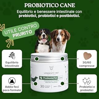 ProbioticPet Cane 30 Compresse per Prurito, Dermatite, Digestione | Probiotici per Cani FOS e MOS | Integratori per cani | Supporto per Diarrea Cane e Gatto | Made in Italy Longevity Pet