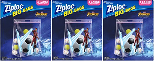 Ziploc Storage Bags, Double Zipper Seal & Expandable Bottom, Large, 4 Count, Pack of 3 (12 Total Bags), Big Bag- Featuring Marvel Studios’ Avengers: Infinity War Design