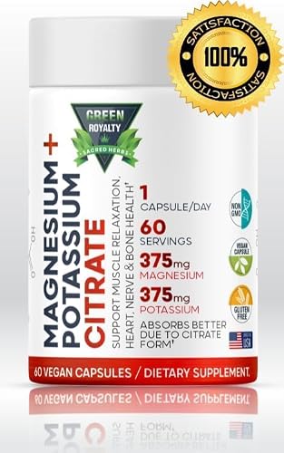 Magnesium Citrate + Potassium 60 Premium Vegan Capsules(Citrate 375 mg) + (375mg Potassium) Non GMO, Gluten Free - High Absorption Supplement Made in USA